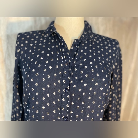 Midnight Sky rayon button down collared blouse- navy with white ship anchors - Picture 7 of 10
